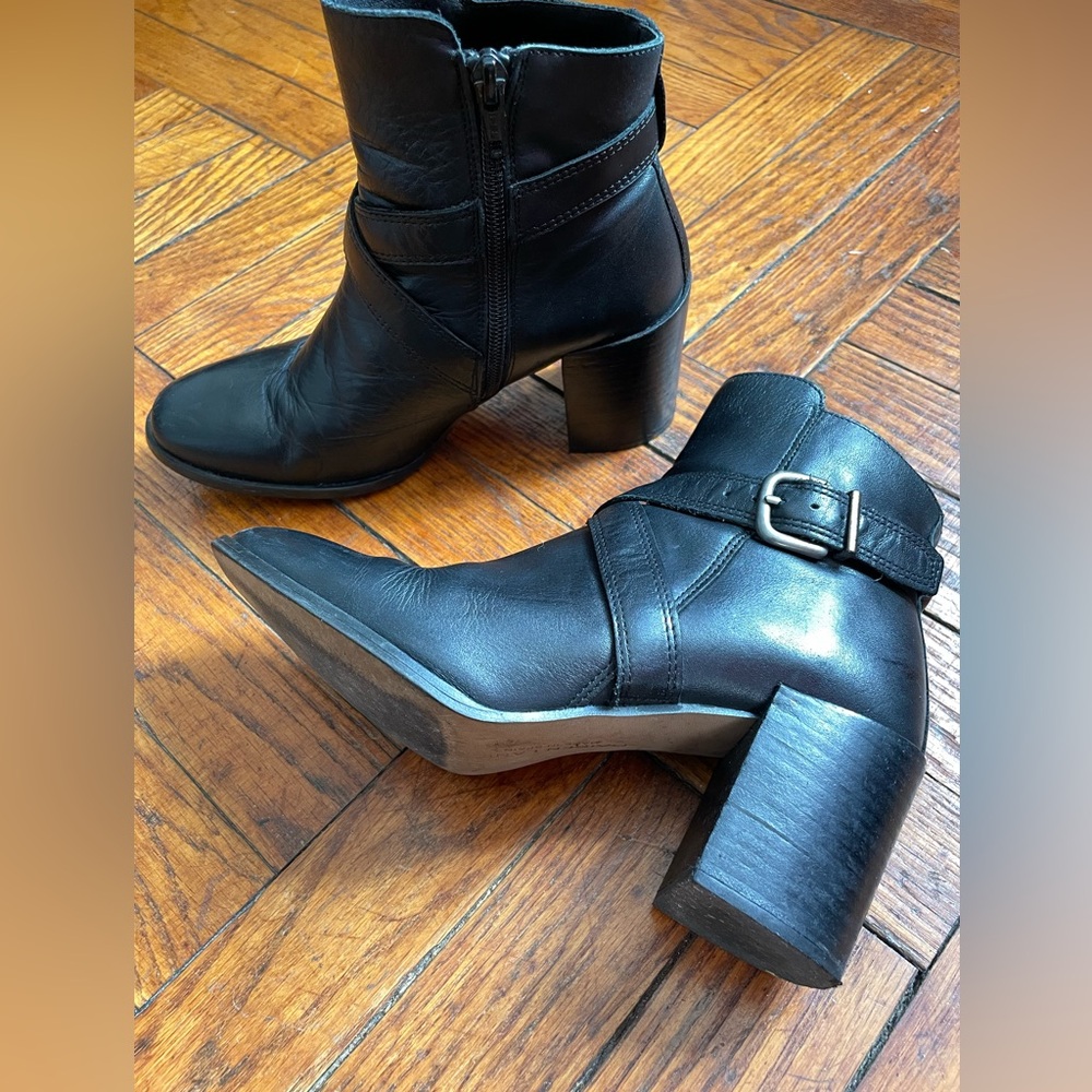 Maiden Lane Black Leather Ankle Boots with Buckle Detailing